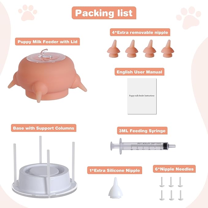 Nursing Nipple Puppy Feeders for Multiple Puppies, 200ml Food-Grade Silicone with 4 Adjustable Detachable Nipples, Smooth Flow Nipple for Kitten Bottle Feeding Kit(Pink)