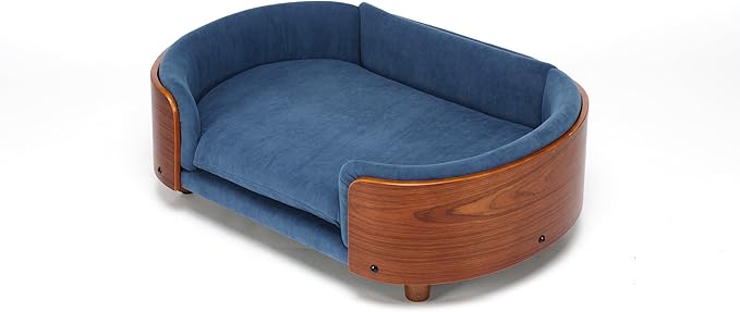 HomSof 30.7" Scandinavian Style Elevated Dog Bed Pet Sofa with Solid Wood Legs and Bent Wood Back,Velvet Cushion,Mid Size,Navy+Brown
