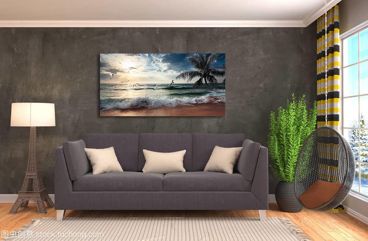 Yxbhhym Beach Wall Art Picture for Living Room Ocean Sunset Canvas Wall Decor Paintings Sea Poster Seascape Print Art Palm Artwork for Wall Art Bedroom Office Decoration Framed- 20x40inches