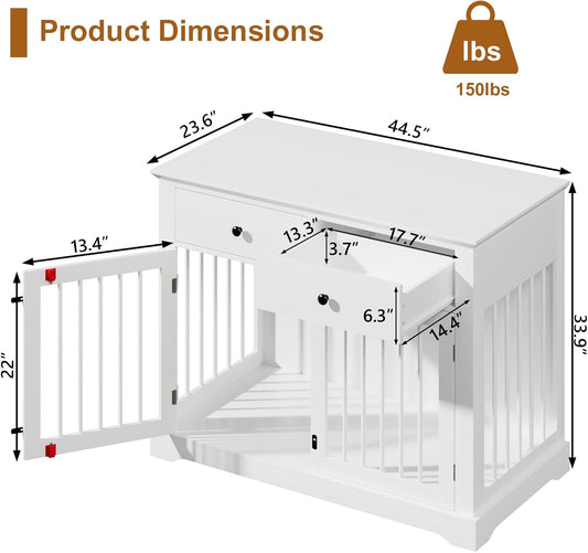 PUKAMI 44inch Dog Crate Furniture with Drawers,Wooden Dog Kennel Furniture for Large Breed,White End Table Wood Dog House for Indoor use,for Small/Medium/Large Dog