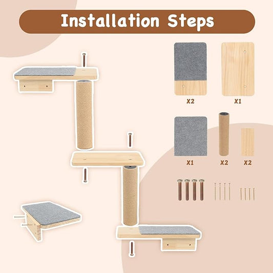 Cat Wall Shelves 3-in-1 – Wall-Mounted Cat Ladder, Steps & Scratching Post for Climbing, Jumping, and Napping