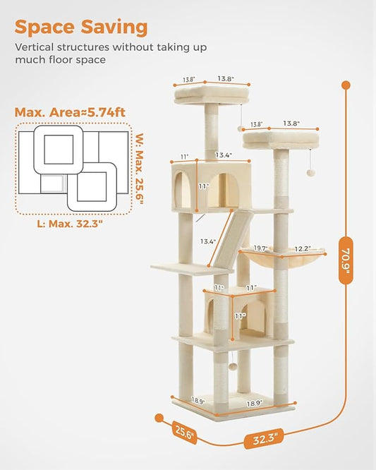 PAWZ Road 70 Inch Cat Tower, Tall Cat Tree with 2 Cozy Condos, 2 Plush Perch, Large Basket, 2 Scraching Pad & 6 Scraching Posts for Indoor Cats Large Adult, Beige