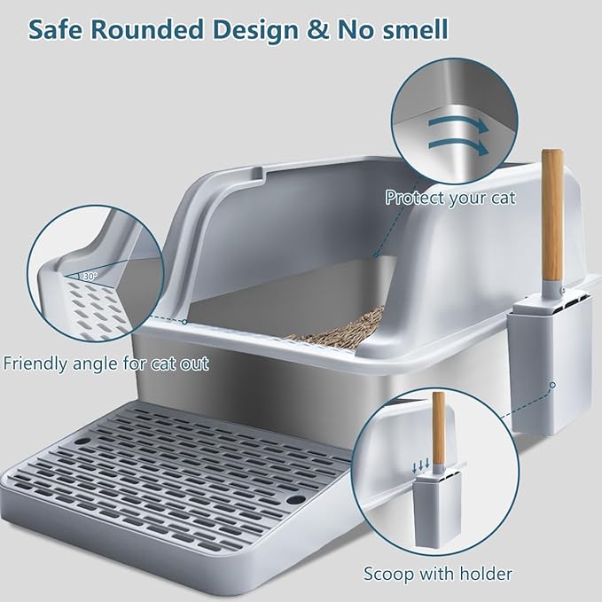 Large Stainless Steel Cat Litter Box,Kitty Litter Box with Lid,XL Jumbo Enclosed High Sided Cat Litter Pan Boxes for Indoor Cats,Scoop with Holder,Non-Sticky Never Absorbs Odors