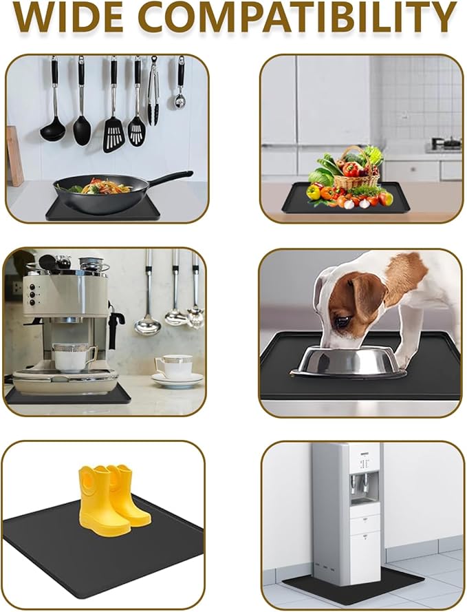 Waterproof Silicone Mat with Raised Edges 24x16 Inch, Water Cooler Mat & Countertop Protector for Hardwood Floors, Non-Slip Kitchen Appliance Pad for Pets Cats Dogs Feeding Bowls, Easy to Clean(Black)