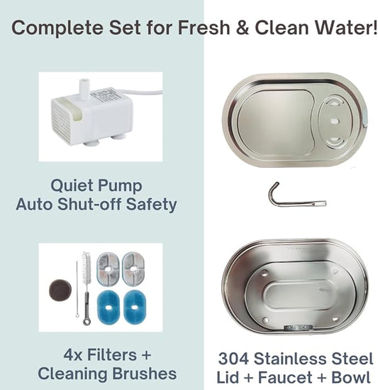 Stainless Steel Cat Water Fountain – 3.5L/118oz Automatic Pet Water Dispenser with LED Light, Quiet Pump, 4 Replacement Filters & Cleaning Brush – for Cats and Small Dogs
