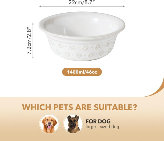 Ceramic 8.7inch Dog Bowl for Large Dog, Basic Food and Water Bowl for Replacement, Wide Opening Rounded Edge(Single Bowls, Reactived Glaze -White)