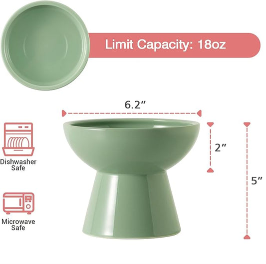 Extra Wide Elevated Ceramic Cat Water Bowl - 6.2" Deeper Dish for Whisker Fatigue Relief, 5" Height for Easy Feeding, Lead & Cadmium Free, Durable Raised Cat Bowls, Green
