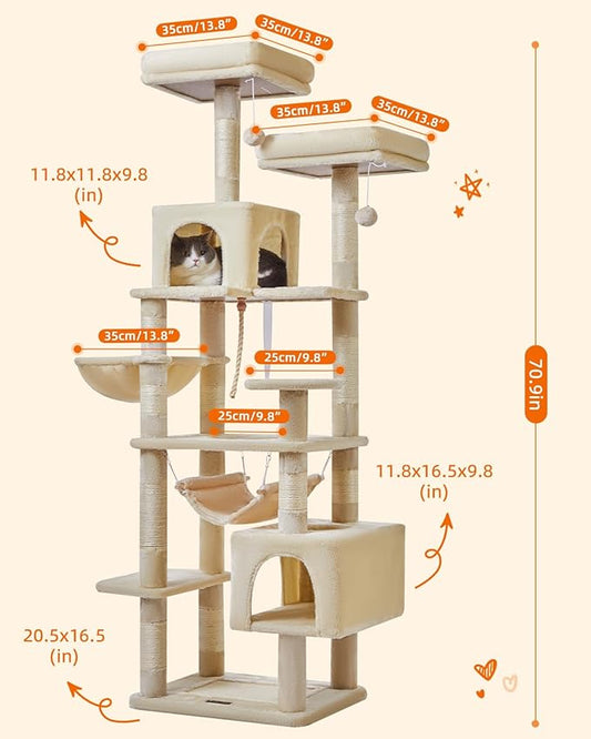 Taoqimiao Cat Tree, 71-Inch Cat Tree Cat Tower for Indoor Cats, Plush Multi-Level Cat Condo with 10 Scratching Posts, 2 Perches,Basket, 2 Caves,Hammock, 2 Pompoms,MS020M Beige