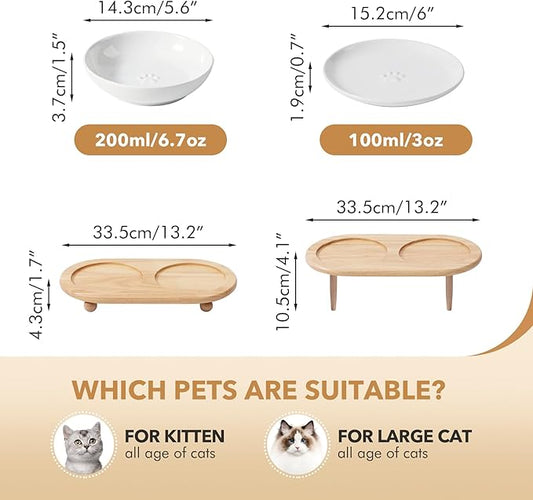 Raised Ceramic Wide Whisker Friendly Cat Dishes, Food& Water Bowl with 2 Style Stand Adjustable Raised Pet Bowl Set(2Dish+2Shallow Dish+Stand, White