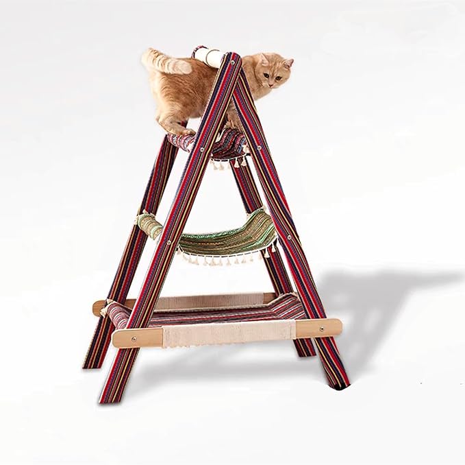 SHENGOCASE 3-Tier Modern Boho Style A Frame Wooden Cat Tree Tower Ladder with Multi-Level Bed Hammock for Large Cat and Sctatching Post, Hanging Toy Ball (Boho)