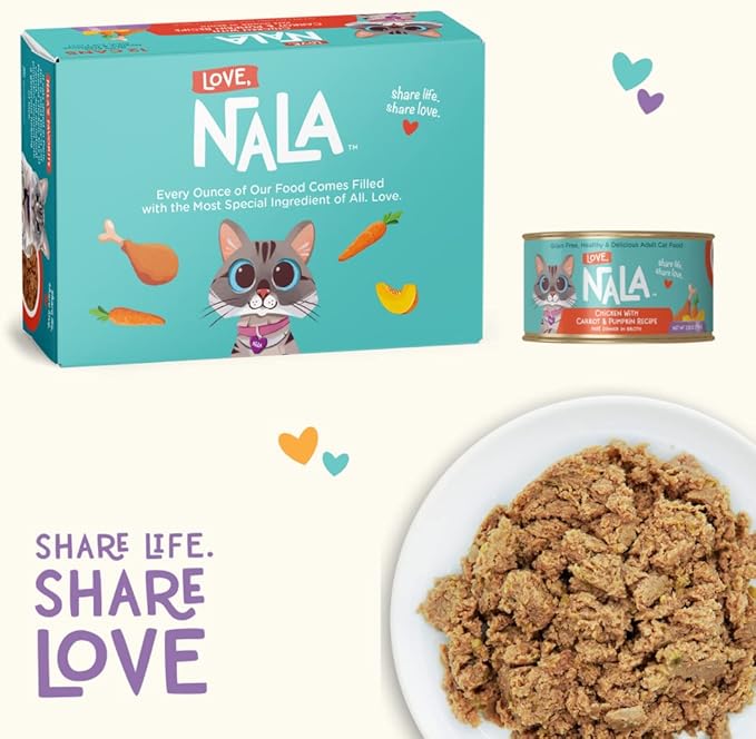 LOVE, NALA - Natural Adult Cat Wet Food - Pate Chicken with Carrot & Pumpkin Recipe- Grain Free, Non-GMO, Lean Protein, Digestive Fiber Blend, Added Minerals & Vitamins - 12 Pack 2.4 lbs.