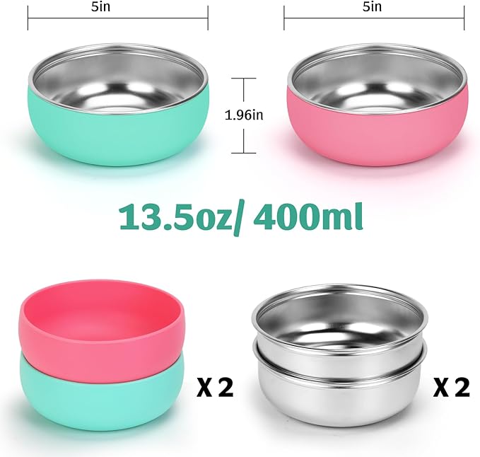 Non-Slip Stainless Steel Cat Bowls, 2 Pack Cat Dishes for Food and Water with Detachable Colorful Silicone Anti-Slip Bottom, 5 '' Wide Thick & Heavy Duty Metal Pet Bowls for Kitten, Cats and Puppy