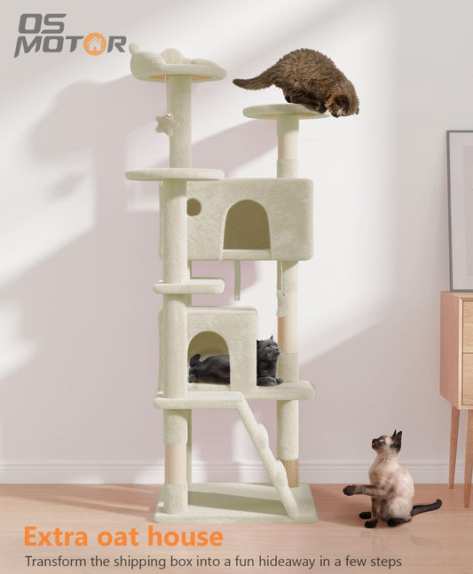 60'' Cat Tree Tower for Indoor Cats Large Adult,Cute/Tall Modern Cat Tree for Big Cats 20 lbs, Plush Multi-Level Cat Condo with Scratching Posts, Dangling Ball Indoor (Beige, 60 inch)