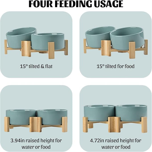 SPUNKYJUNKY 15° Slanted Ceramic Dog and Cat Bowl with Wooden Stand, Tilted Bulldog Food and Water Bowl No Slip Non-Spill for Cats Medium Dogs Big Face Pets 28.7 OZ (3.6 Cups, Light Green × 2)