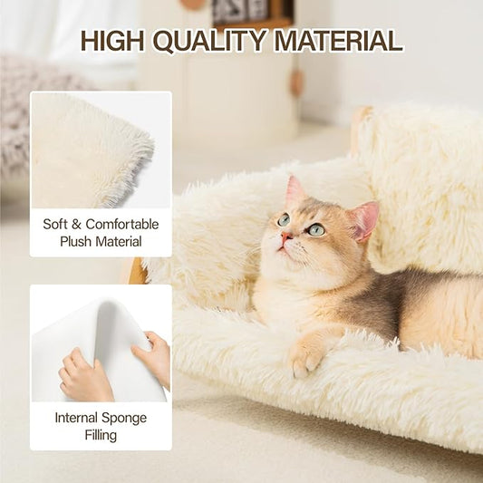 MEWOOFUN Cat Couch Bed, Pet Sofa for Indoor Cats Wooden Indoor Elevated Cat Beds with Removable Mattress Cover Suitable for Kitty, Puppy or Small Animal (Beige, Large)