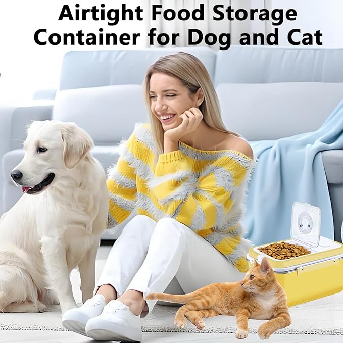 Sanbo Dog Food Storage Container Stainless Steel with Scoop, Airtight Pet Metal Food Storage Bin,Cat Food Canister,Storage Box with Date Tracker for Kitchen (Yellow, 7.5L)