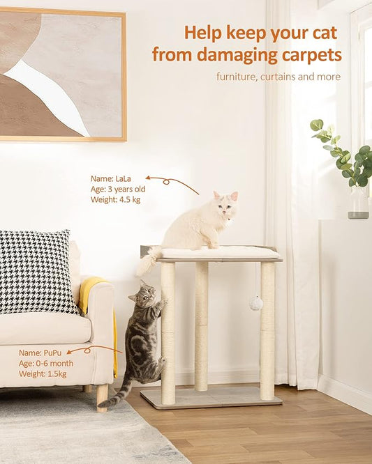 FourFurPets 26.7in Large Cat Tree Tower Condo, Cat Scratch Posts for Indoor Cats, Big Plate, Three 23.6in Full Sisal Scratching Posts, Greige