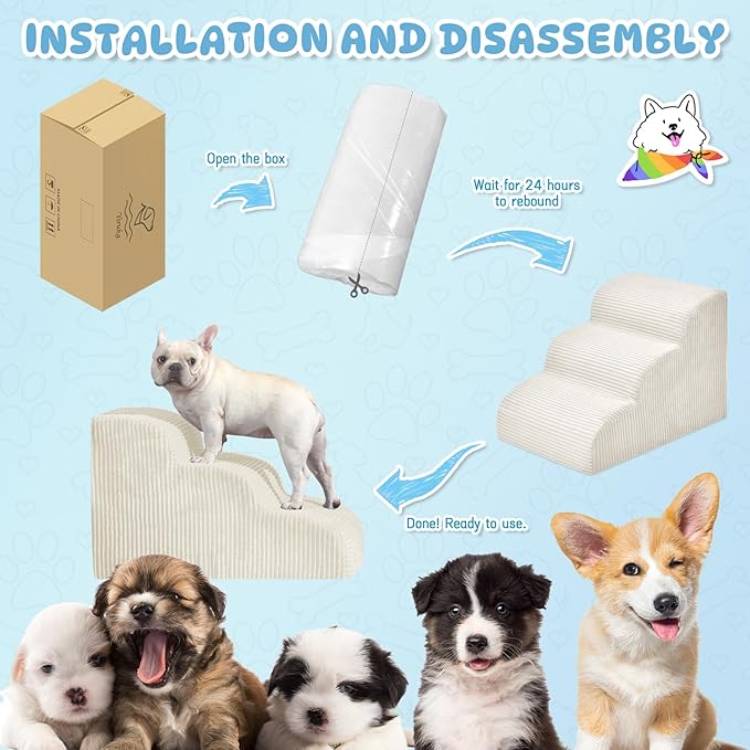 Dog Steps for Small Dogs, 3-Step Dog Ramp and Stairs for High Beds and Sofa, Non-Slip Pet Stairs for Small Cats, Removable and Easy to Clean Pet Stairs, Beige