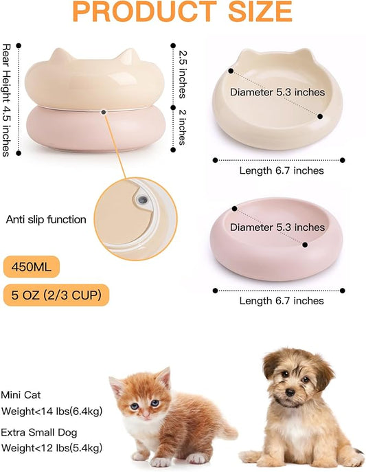 Cat Bowl, Ceramic Cat Bowls Food and Water Bowl Set, Whisker Friendly Cute Kitten Food Bowls for Protecting Pet's Spine, Yellow & Pink