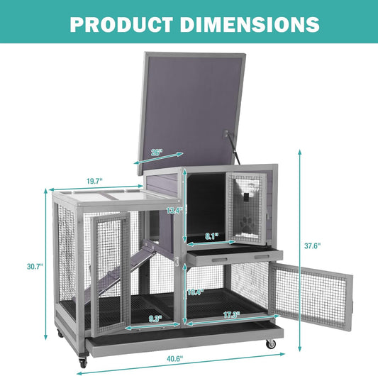 Rabbit Hutch Indoor for 2-4 Rabbits & Guinea Pigs,Bunny Cage with Slide-Out Plastic Trays,Wooden Small Animal Cage for Rabbits, Bunnies, and Guinea Pigs (Light Grey)