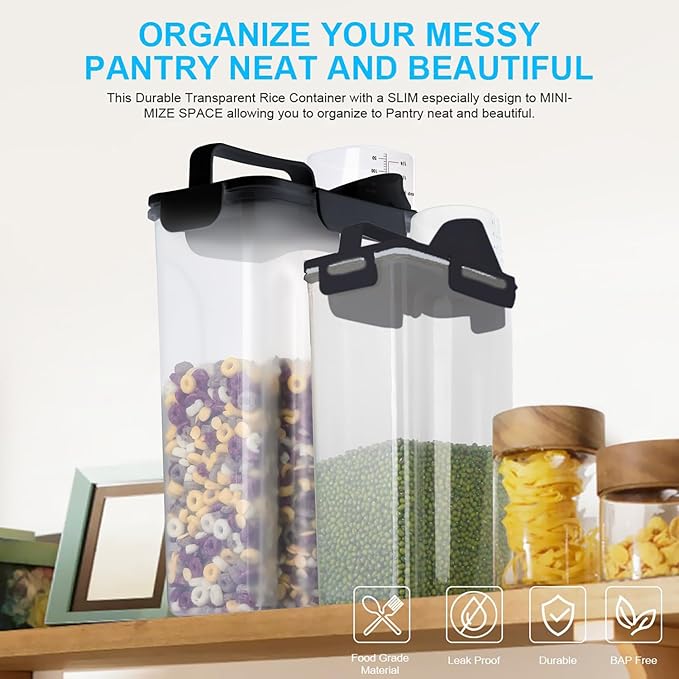 Rice Airtight Dry Food Storage Containers 10Lbs, BPA Free Plastic Storage Bin Dispenser with Pourable Spout, Portable Handle, Kitchen Pantry Organization for Cereal, Flour and Beans Dark Grey