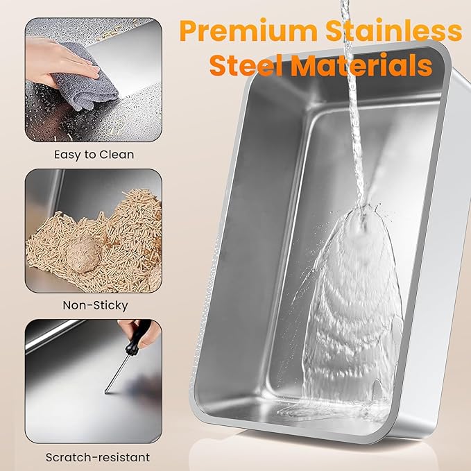 Stainless Steel Litter Box with Lid, 135° Flip-Top Extra Large Cat Litter Pan, Enclosed Metal Litter Box with Litter Scoop & Filter Pedal,Odor Free, Front & Top Dual Entry