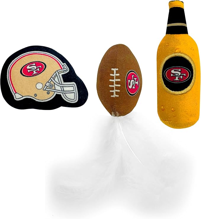BEST PLUSH CAT TOY NFL SAN FRANCISCO 49ERS Complete Set of 3 piece Cat Toys filled with Fresh Catnip. Includes: 1 Helmet Cat Toy, 1 Football Cat Toy with Feathers & 1 Beer Bottle. Beautiful Team LOGOS