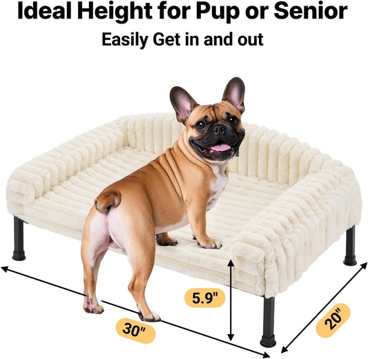 Veehoo Elevated Dog Bed with Bolster Cushion, Fluffy Plush Dog Couch Beds for Small Dogs, Cats, Washable Raised Pet Cot with Non-Slip Feet for Indoor or Patios Use, 30 x 20 Inches, White