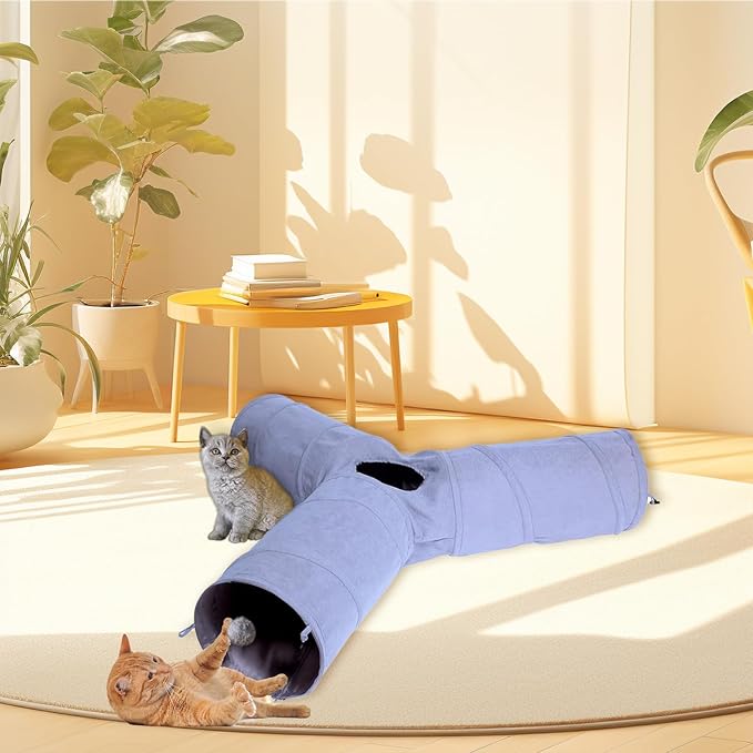 3 Way Collapsible Cat Play Tube Toys with Plush Ball, Indoor Play Tunnel for Puppy, Kitty, Kitten, Rabbit