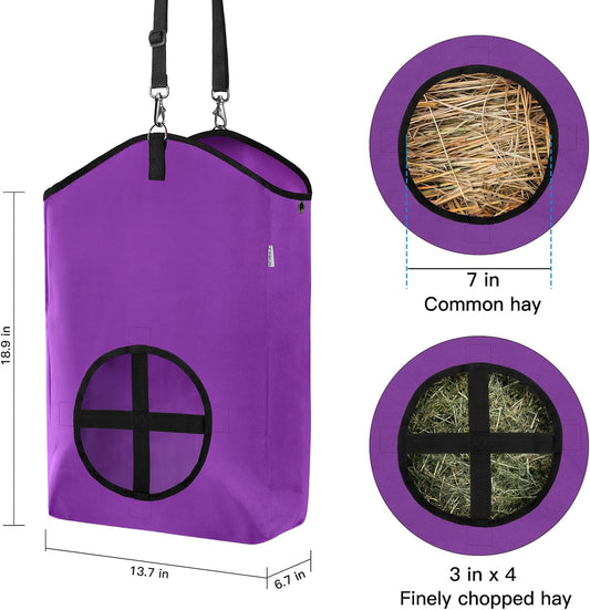 3 Packs Goat Hay Feeder,Hay Bags for Goats,Horses,Sheep,Premium 600D Oxford Cloth,with Metal Fastener and Adjustable Open Feed Hole for Slow Feeding. (2Purple + 1Black)