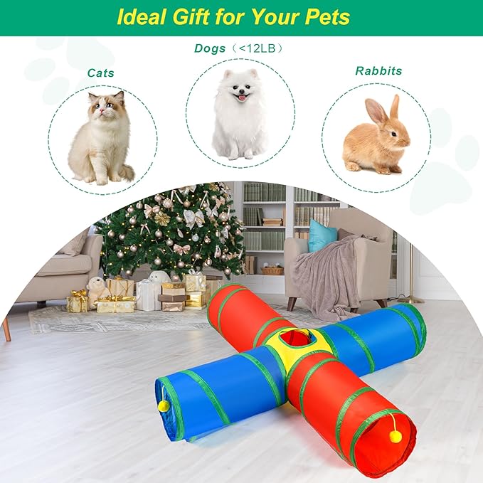 Cat Tunnel for Indoor Cats, 4 Way Large Cat Play Tunnel Tube with 12 Springs, Folded Pet Tube with Interactive Peephole, Large Rainbow Pet Tunnels for Indoor Kitten Rabbit