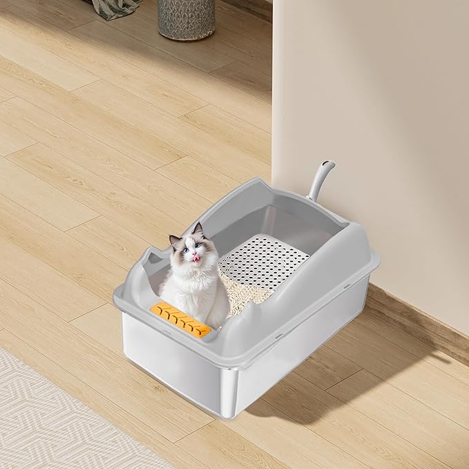Stainless Steel Sifting Cat Litter Box with Lid,XL Metal Sifting Litter Box for Pine Pellets,High Sides Metal Litter Box System for Big Cats,Anti-Leakage,Easy Clean