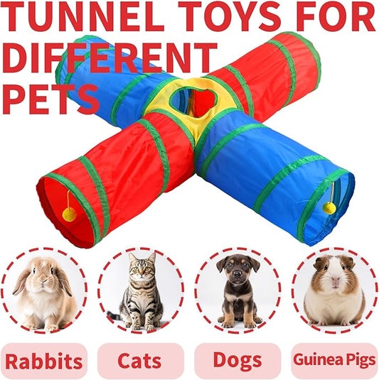 Coolcandy Cat Tunnel & Interactive Cat Toy Indoor, 4 Way Tunnel Toys for Indoor Cats, Collapsible Interactive Peekaboo Cave with Play Ball, for Multi-Way Play & Small Animals