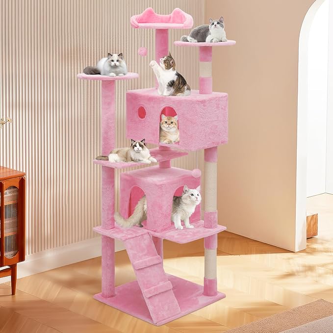 MoNiBloom Cat Tree, 70 Inch Cat Tree Tower with 2 Condo, Tall Cat Tower with Scratching Post, Cat Climbing Tower, Cat Tree for Indoor Cats, Soft Pink