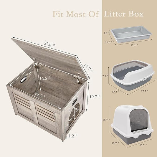 DINZI LVJ Litter Box Enclosure, Flip Top Litter Box Furniture, Good Ventilation, Hidden Cat Washroom, 27.6" L x 19.7" W x 19.7" H, Entrance Can Be on Left/Right, Wooden Cat House, Greige