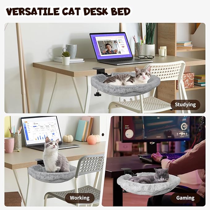 Cat Hammock Bed, 90° Foldable Cat Desk Bed, Adjustable Kitten Beds Up to 44 LBS, Durable Ergonomic Desk Cat's Beds Mount, Washable Soft Fabric Pet Desks Nest Beds for Home, Office, Room and Study