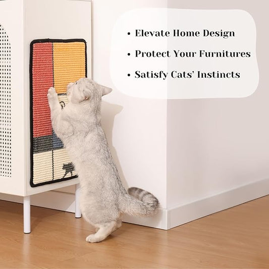 Sisal Cat Scratcher Post Mat (Use on Wall, Couch and Carpet), Shedding-Resistant Scratching Surface - 21.7x13 with Adhesives, Pads and Twist Pins (Meowdrian)