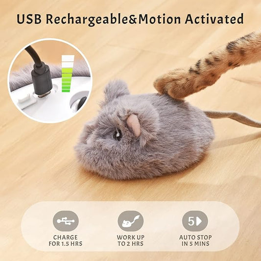 Automatic Cat Toy Cat Mouse Toy Moving Cat Toy with Furry Tail Boredom Busters Interactive Cat Toys for Indoor Cats Hunting Cat Mice Toys (Grey)