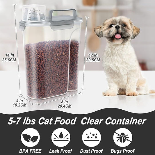 5-7Lbs Cat Dog Storage Container, Portable Pet Food Containers with Upgraded Large Spout and Cup, Small Animal Kibble Dispenser for Bird Seed, Oatmeal, Rice, Flour (2, Claer(Pink+Grey), 5L)