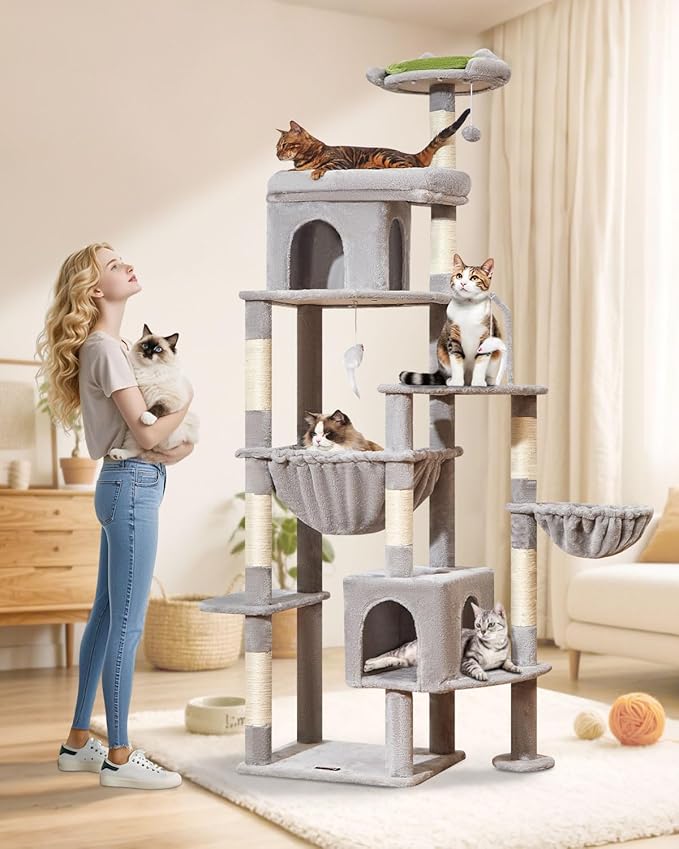 Taoqimiao MS032W 83In Cat Tree for Indoor Cats Large Adult, XXL-Cat Tower, Suitable 20lb+ Heavy Duty Large Cats, 2 Luxurious Cat Cando with 8 Scratching Posts,Oversized Metal Hammocks,Light Gray