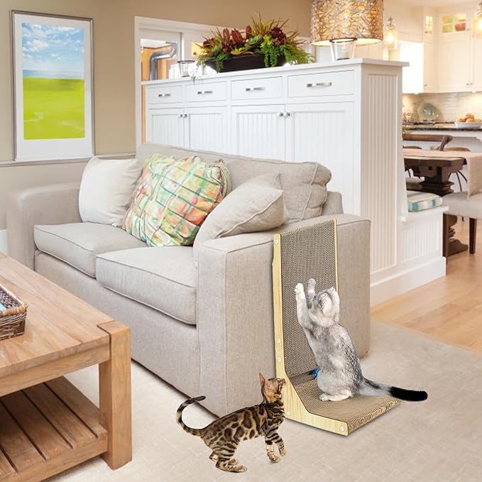 L Shape Cat Scratcher, 26 Inch Cat Scratch Pad, Cat Scratching Board with Built-in Ball Toy, Indoor Cats Cardboard Lounge Bed, Wall Mounted Cat Scratcher for Wall and Furniture Protection