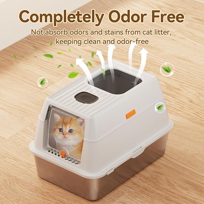 Enclosed Stainless Steel Cat Litter Box with Lid Extra Large Litter Box for Big Cats XL Metal Litter Pan Tray with High Wall Sides Enclosure, Non-Sticky, Anti-Leakage, Easy Cleaning (Light Grey-2)