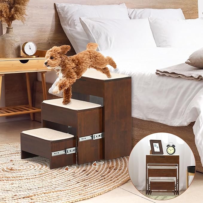 Dog Steps for Bed, 21 Inch Foldable Pet Stairs, Wooden Furniture Style Cat Stairs for Couch, No Installation 3 Tier