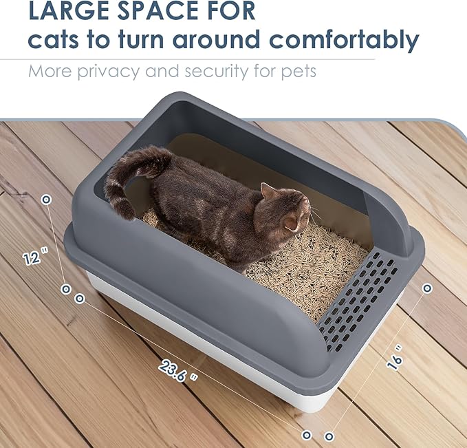 Enclosed Stainless Steel Cat Litter Box with Lid Extra Large Litter Box for Big Cats XL Metal Litter Pan Tray with High Wall Sides Enclosure, Non-Sticky, Anti-Leakage (Grey)