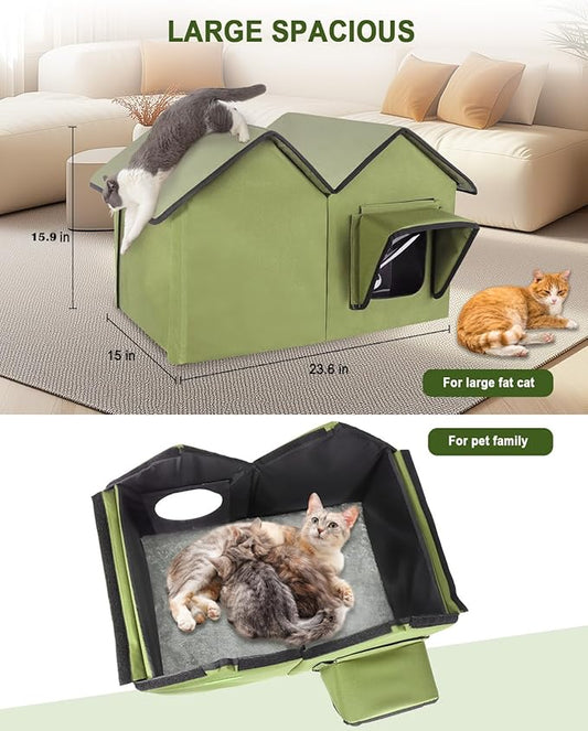 Outdoor Cat House Weatherproof, Insulated Cat Houses for Outdoor Cats, Large Outside Cat House, Waterproof Feral Cat Shelter with Escape Doors & Elevated Base, Easy Assembly