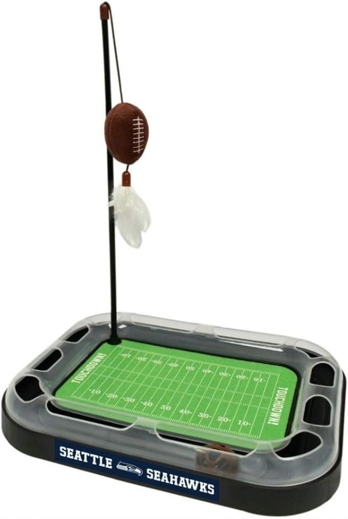 Pets First Seattle Seahawks Football Field Cat Scratcher & Toy - 5-in-1 Kitty Toy with Catnip, Feather & Jingle Bell Interactive Ball