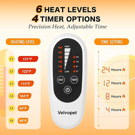 Pet Heating Pad for Cats and Small Dogs – Heated Cat Bed with 4-Level Timer & 6-Level Temperature, Waterproof Indoor Warming Mat with Chew-Resistant Cord & Soft Washable Cover, 16"x28"