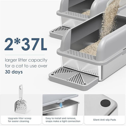 2 Pack XL Stainless Steel Litter Box Enclosure with Lid, Stainless Steel Cat Litter Pan for Big Cats, Large Metal Litter Box with Anti-Leakage High Wall, Non-Sticky Easy Cleaning Cat Litter Tray
