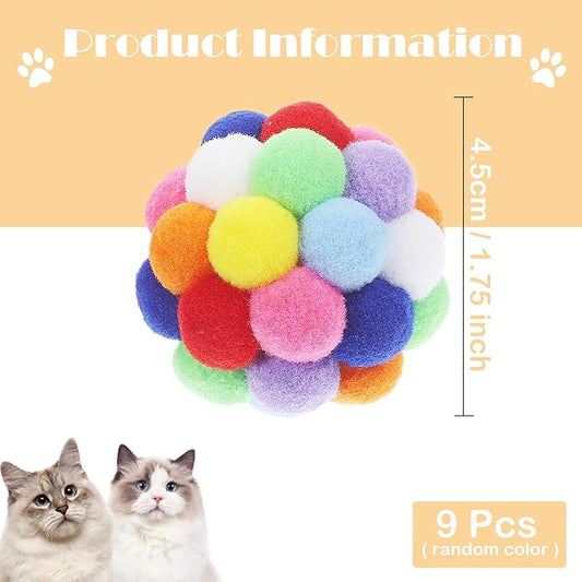 9PCS Cat Toy Balls, 1,75'' Soft Pom Pom Balls for Kittens, Colorful Soft Fuzzy Balls for Cats, Interactive Playing Chewing Toys for Indoor Cats and Kittens, Cute Kitten Kitty Toys