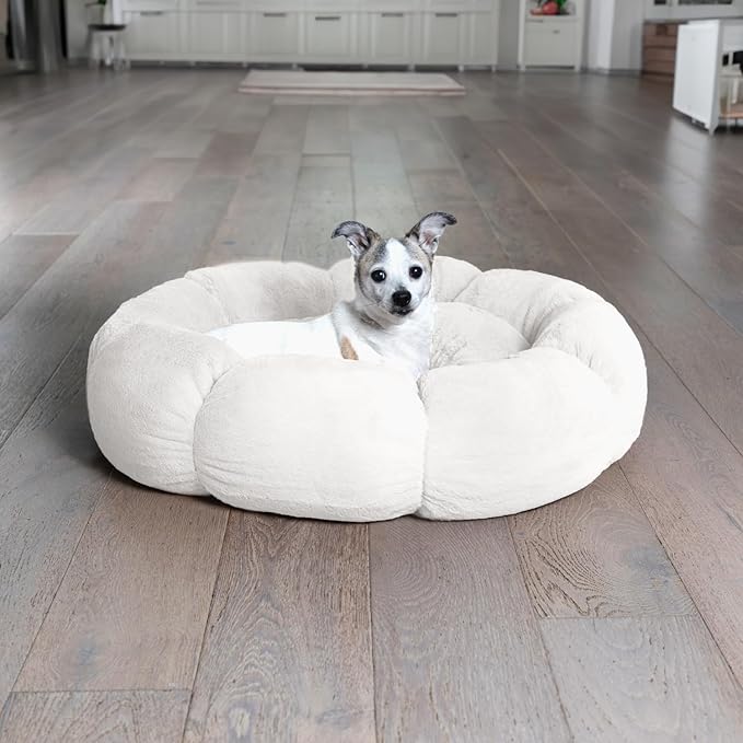 Sherry Kline Pets “Daisy Round” Donut Shape Calming Bed for Dogs and Cats, from Soft Faux Fur, Available in 4 Sizes, Machine Washable